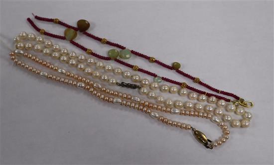 Three assorted modern necklaces including cultured pearl.